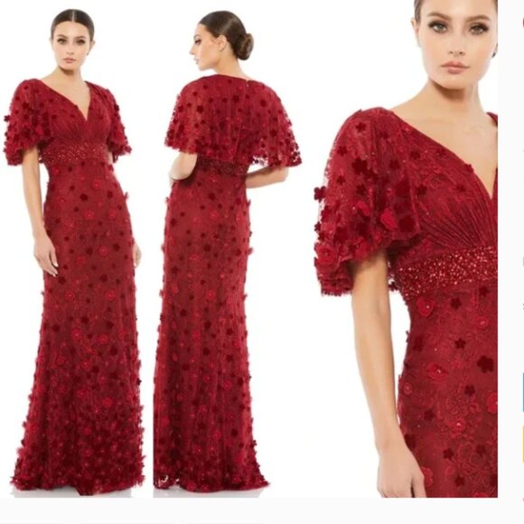 MAC DUGGAL 67712 EMBELLIHSED 3D FLORAL BURGUNDY FLUTTER SLEEVE GOWN  4 - Picture 1 of 3
